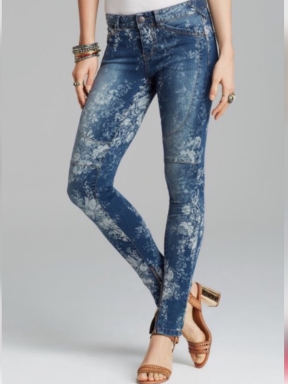 Free People Blue Floral Moto Skinny Jeans